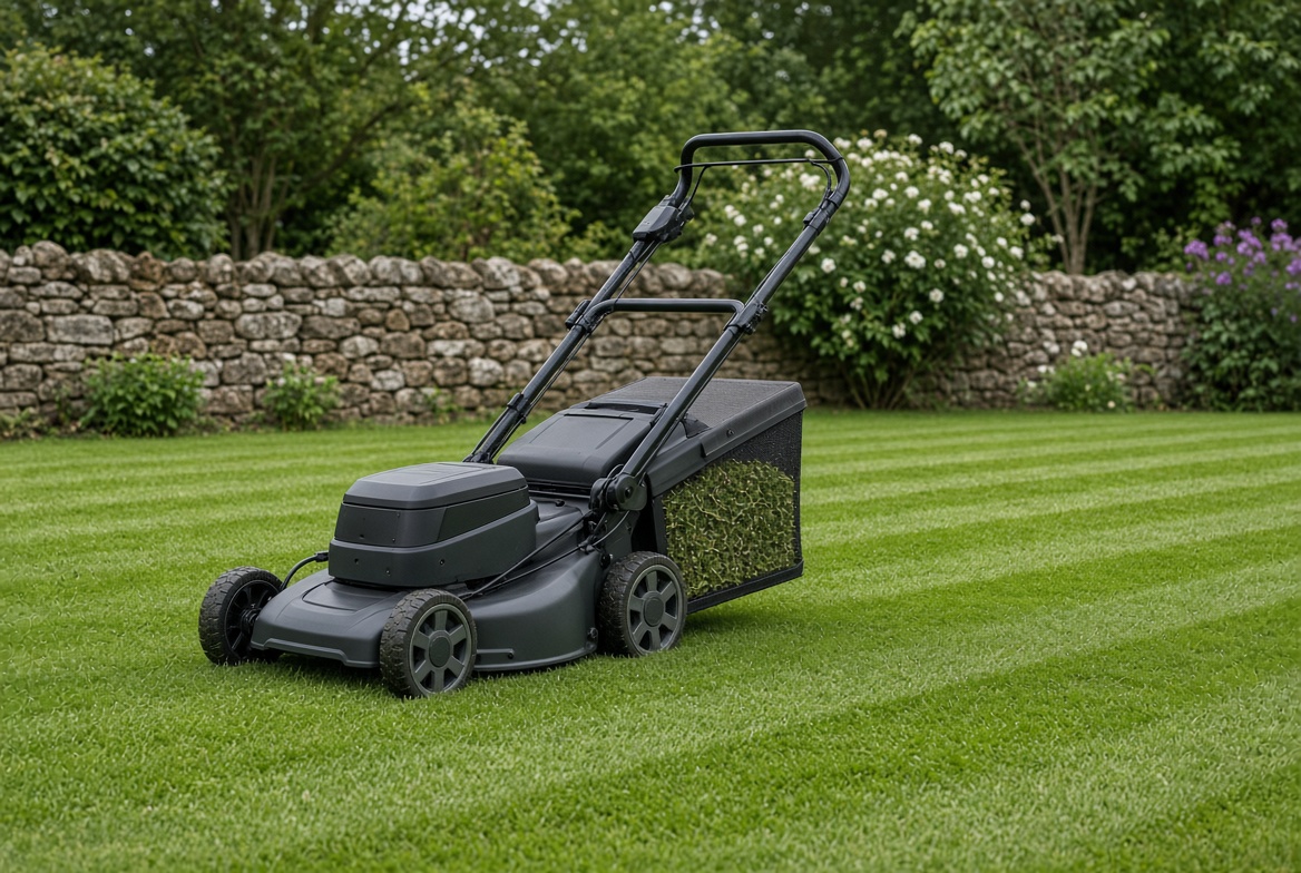 Mower on striped grass